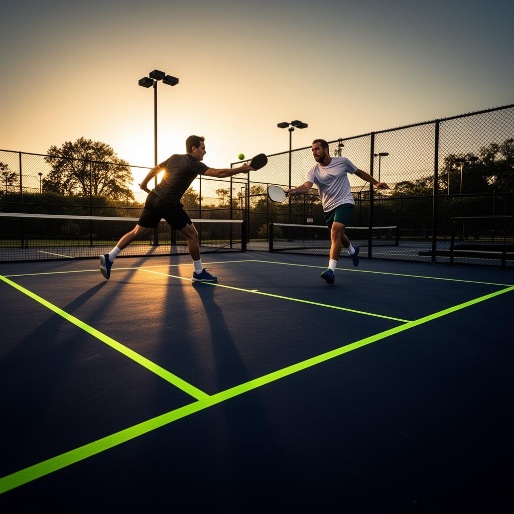 Pickleball players mid-rally on a lime-lined court at golden hour